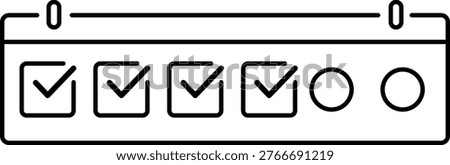 Four Day Work Week Minimalist Black Line Vector Icon Illustration on White Background, Representing a 4-Day Work Schedule with Four Checkmarks and Two Empty Circles for Weekend Days or Time Off.