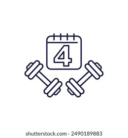 icono de línea de Plan de entrenamiento de cuatro días, programa de entrenamiento dividido de 4 días