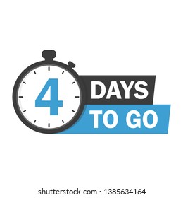 Four days to go label, blue alarm clock flat with ribbon, promotion icon . Vector stock illustration on white background.