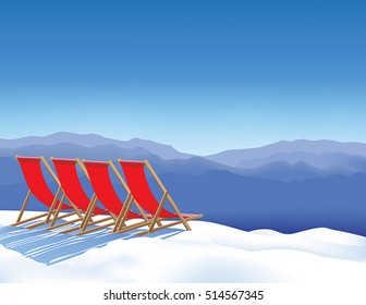 Four deck chairs in snow waiting for skiers. Winter vacations on winter resort