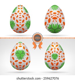 four decorated egg with floral motif isolated set easter theme vector illustration with orange label