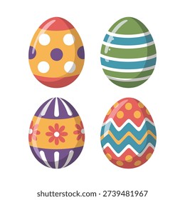 Four decorated eggs vector icons with bold stripes and motifs, Easter graphics for invitation design, social media, seasonal greeting cards