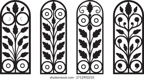 Cuatro paneles decorativos de volutas adornados negros con motivos de hojas y Elementos circulares arquitectónicos