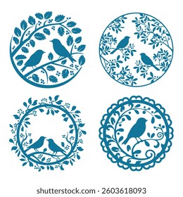 Four decorative circle designs featuring stylized birds and floral patterns.