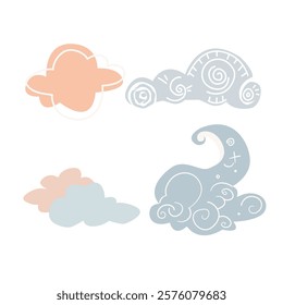 four decorative clouds combining warm peach and baby blue, perfect for use in children’s illustrations, nursery decor, whimsical stationery, or as a charming addition to creative projects
