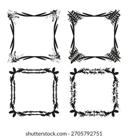 Four decorative frames. Black grunge border. Abstract leaf Vector element. Brush stroke design.