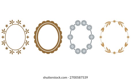Quatro molduras decorativas ou bordas em formas ovais e circulares com elementos florais e estrelares em cores marrom e azul