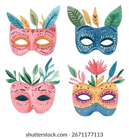 Se muestran cuatro máscaras decorativas, cada una con diseños únicos, colores pastel y Elementos botánicos como hojas y una flor.