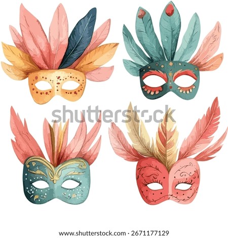 Four decorative masks, each with unique feathered plumes, are rendered in a watercolor style with pastel shades and intricate detailing.