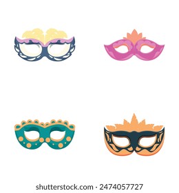 Four decorative masquerade masks illustrating various festive designs isolated on a white background