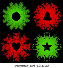 Four decorative patterns formed from Christmas greenery and silhouettes