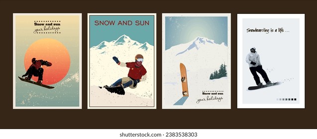 Four decorative posters about snowboarding in different styles.