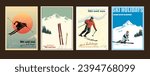 Four decorative posters in different styles about skiing vacations, sports.