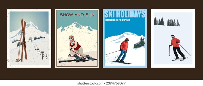 Four decorative posters in different styles about skiing vacations, sports.