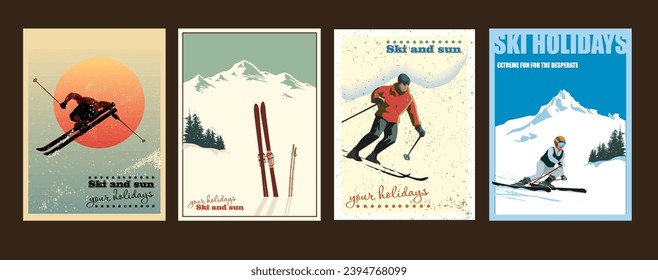 Four decorative posters in different styles about skiing vacations, sports.