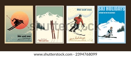 Four decorative posters in different styles about skiing vacations, sports.