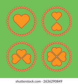 Quatro símbolos decorativos de amor e sorte contra um fundo verde vibrante.