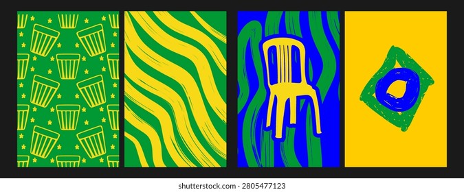 Four decorative vertical panels inspired by Brazilian themes, including waves, a chair outline, and a flag circle.