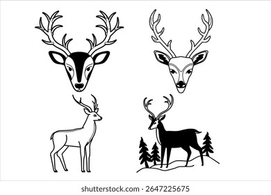 Four Deer Drawings Depicting Different Styles and Perspectives of the Majestic Animal, Set on a Clean White Background