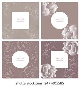 Vier zarte quadratische Hintergründe in Pastellfarben mit Blumenmuster. Botanik in der Gestaltung von Karten, Einladungen, Umschlägen, Paketen.