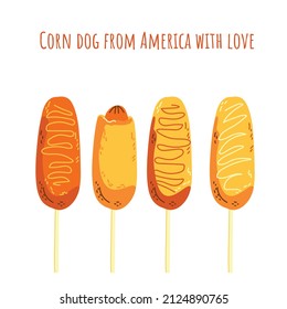 Four delicious corn dogs in a golden crust. Fast food from America. Vector illustration in hand-drawn style