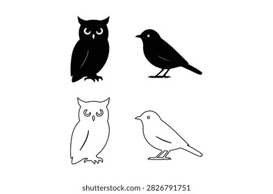 Four depictions of birds, two as solid black silhouettes and two as black line drawings, set against a white background.