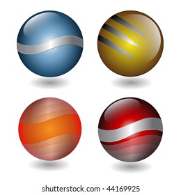 Four design elements, spheres glass and glossy with metallic parts.