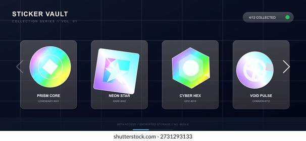 Quatro designs são exibidos em uma interface digital. Cada design possui uma forma e um esquema de cores exclusivos. O cofre mostra os itens coletados e sua raridade.