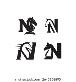 Four designs featuring the letter n integrated with various horse head illustrations