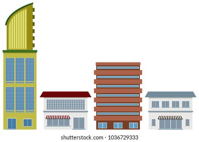 Cuatro diseños de edificios de oficinas e ilustraciones de tiendas