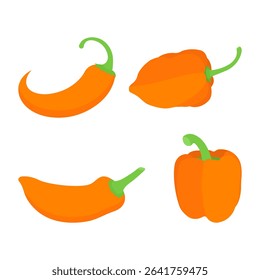 With Four Designs Orange Color Pepper Vector Design Bundle. Pepper Habanero Jalapeno Bell Serrano. Vector Illustration