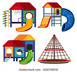 Four designs of playhouse with slide and climbing pole illustration