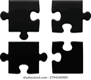 Four detached black puzzle pieces scattered on a transparent background ready for assembly and problemsolving