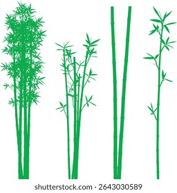 Four detailed bamboo silhouettes, isolated on a clean white background. Perfect for design projects needing a touch of nature or Asian aesthetics. Various sizes and groupings included.