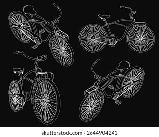 Quatro esboços detalhados de bicicleta em um fundo preto, cada um com um design único. Os contornos brancos contrastam nitidamente com o fundo escuro, destacando o estilo limpo e minimalista.