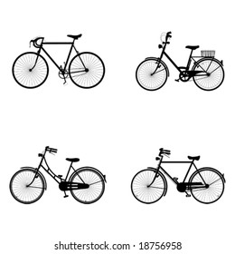 four detailed bicycles black and white silhouettes (also available in raster format)