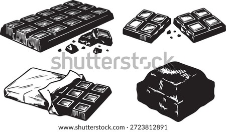 Four detailed black and white etchings depicting different chocolate bar presentations, including whole, broken, and unwrapped.