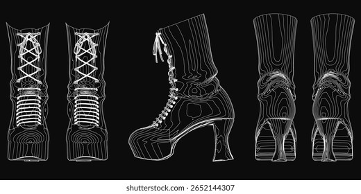 Quatro esboços de inicialização detalhados exibem designs exclusivos em um fundo preto. Cada boot possui estilos distintos, do resistente ao elegante. Os contornos brancos contrastam fortemente com o fundo escuro.