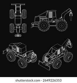 Four detailed construction vehicle sketches on a black background, including a tractor with distinct features. Each machine displays unique design elements and bright colors contrasting sharply.