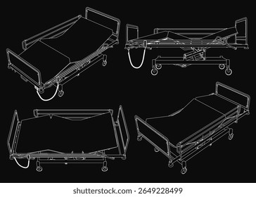 Four detailed hospital beds stand out against a black background, each with unique designs. Clear details include headboards, footboards, and wheels. The stark contrast emphasizes the white beds.