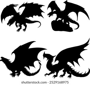 Four detailed silhouettes of dragons showcase their fierce features and majestic wings. Each figure exudes strength and mystique, perfect for fantasy themes or artwork.