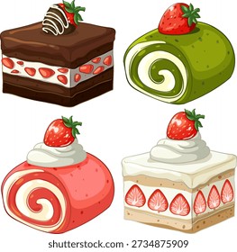 Cuatro Ilustraciones vectoriales detalladas de pasteles de fresa y rollos suizos sobre un fondo blanco