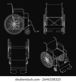 Quatro desenhos detalhados de cadeiras de rodas exibidos em um fundo preto, cada um com características únicas e estética moderna. O contraste acentuado destaca os detalhes intrincados e os elementos funcionais.