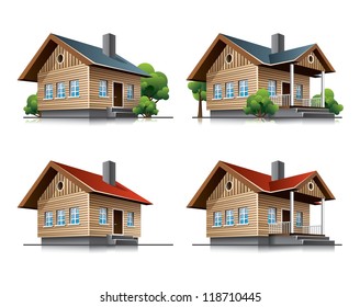 Four detailed wooden cottages vector icons in cartoon style. Family house vector buildings in perspective view. Home architecture with wood facade.