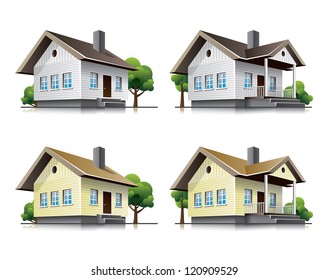 Four detailed wooden cottages vector icons in cartoon style. Family house vector buildings in perspective view. Home architecture with wood facade.