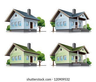 Four detailed wooden cottages vector icons in cartoon style. Family house vector buildings in perspective view. Home architecture with wood facade.