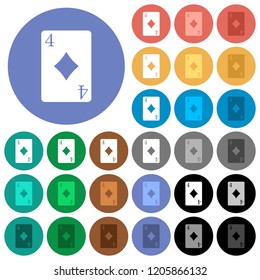 Four of diamonds card multi colored flat icons on round backgrounds. Included white, light and dark icon variations for hover and active status effects, and bonus shades.