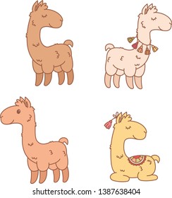 Four differen isolated llamas over white background. Vector set of llamas