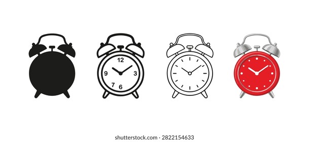 Four different alarm clock icons in black line and red colors on white background simple designs for various uses