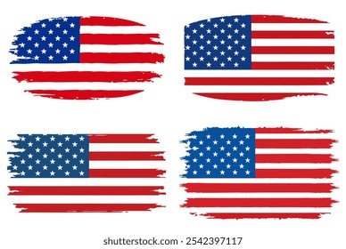 Four different American flags with stars and stripes. The first one is a red, white and blue flag with stars